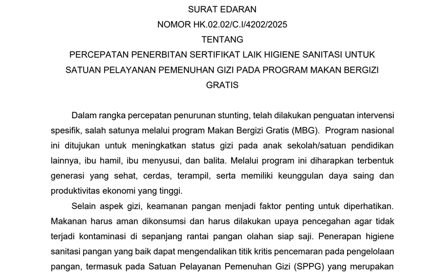 Kemenkes Terbitkan Edaran Percepatan Penerbitan Sertifikat Laik Higiene Sanitasi untuk Dapur MBG